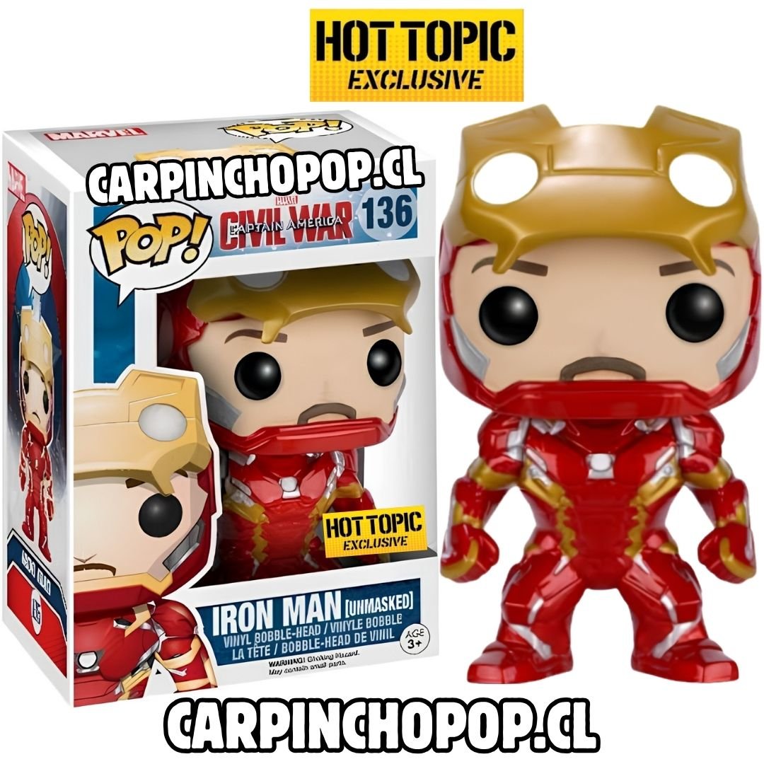 FUNKO POP MARVEL CAPTAIN AMERICA CIVIL WAR - IRON MAN 136 EXCLUSIVO HOT TOPIC + PROTECTOR DE REGALO